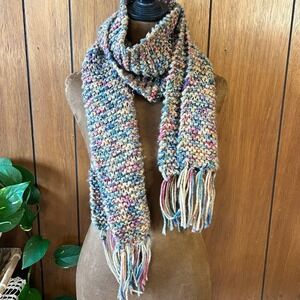 Handmade Chunky Knit Scarf Multi Color Fringe Warm Winter Boho Cozy Cottagecore